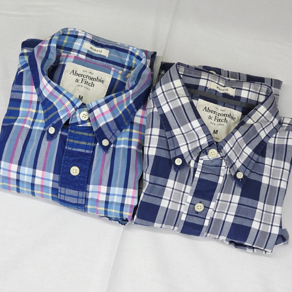 2 Abercrombie & Fitch Men's Medium Muscle Fit Blue Plaid Button Down Shirt